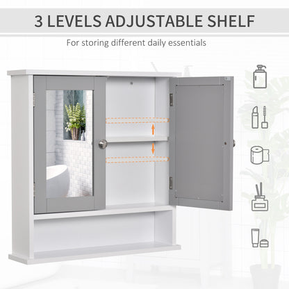 kleankin Mirror Cabinet Wall Mounted with Double Mirrored Doors, Hanging Cabinet with Cupboard and Shelf, Bathroom Wall Storage Organizer, Grey 