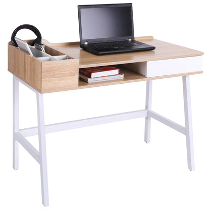 HOMCOM Computer Desk, Writing Desk, Study Workstation with Drawer, Storage Compartments, Cable Management, Laptop Table, Metal Frame, 100 x 55 x 81.5cm, Oak and White 