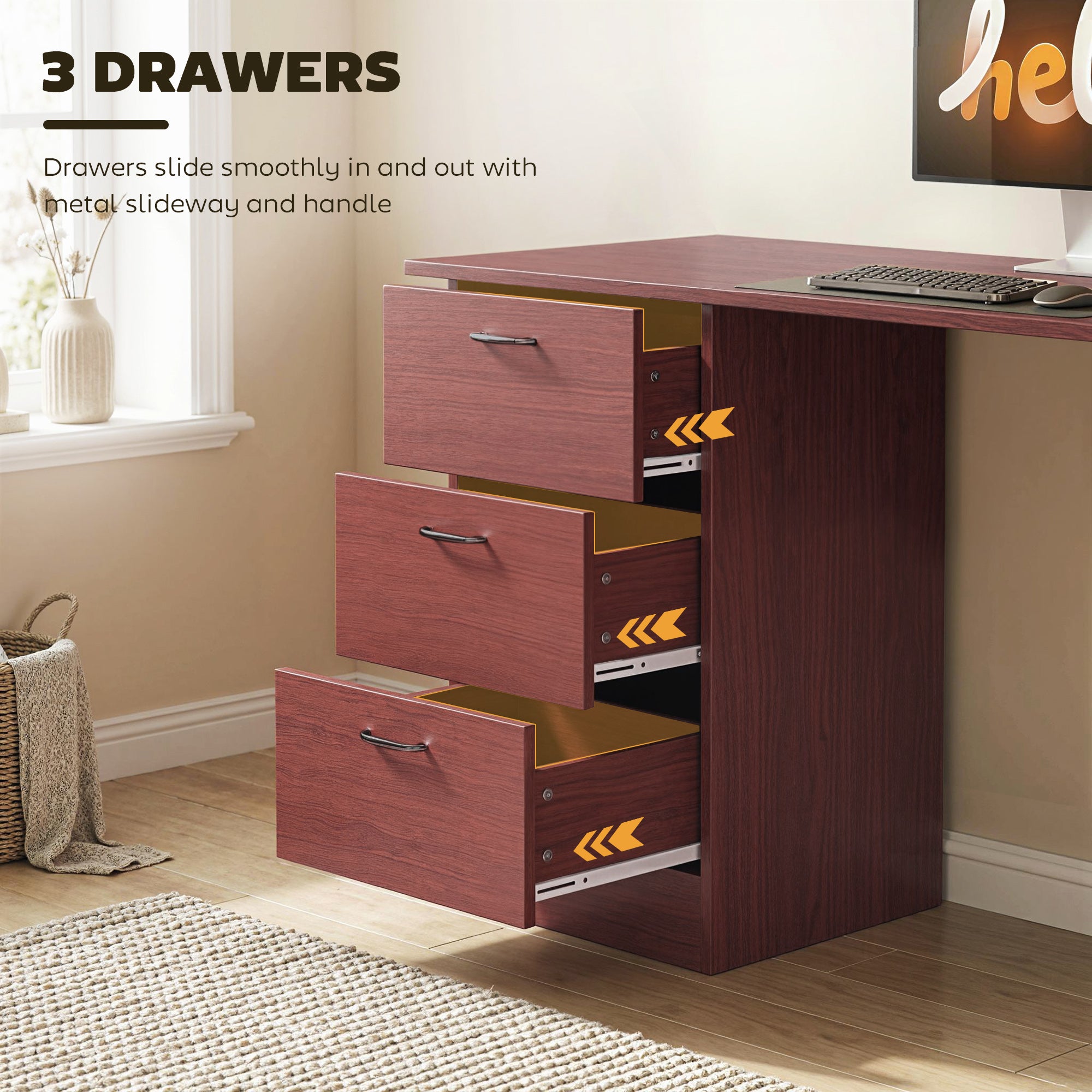 HOMCOM Computer Desk, Writing Table, PC Workstation with 3 Storage Shelves and Drawers, Handle, for Home Office, Walnut Brown 