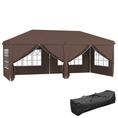 Outsunny 3 x 6 m Pop Up Gazebo with Sides and Windows, Height Adjustable Wedding Camping Party Tent Canopy Marquee with Storage Bag for Garden, Event, Brown 