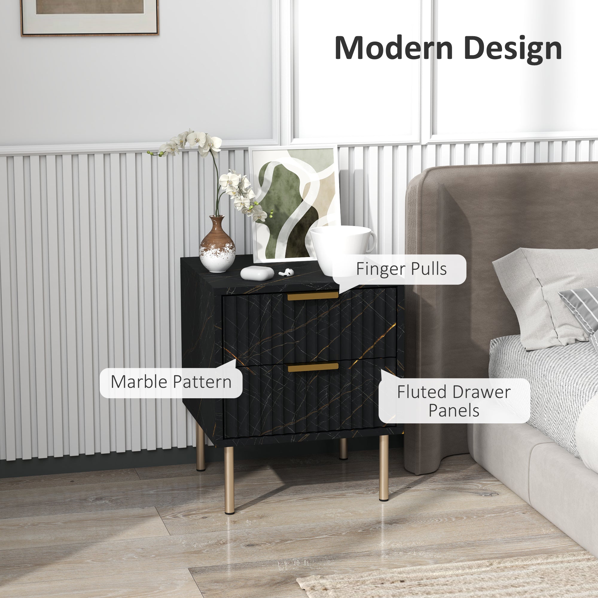 HOMCOM Elegant Two-Drawer Bedside Table - Black 