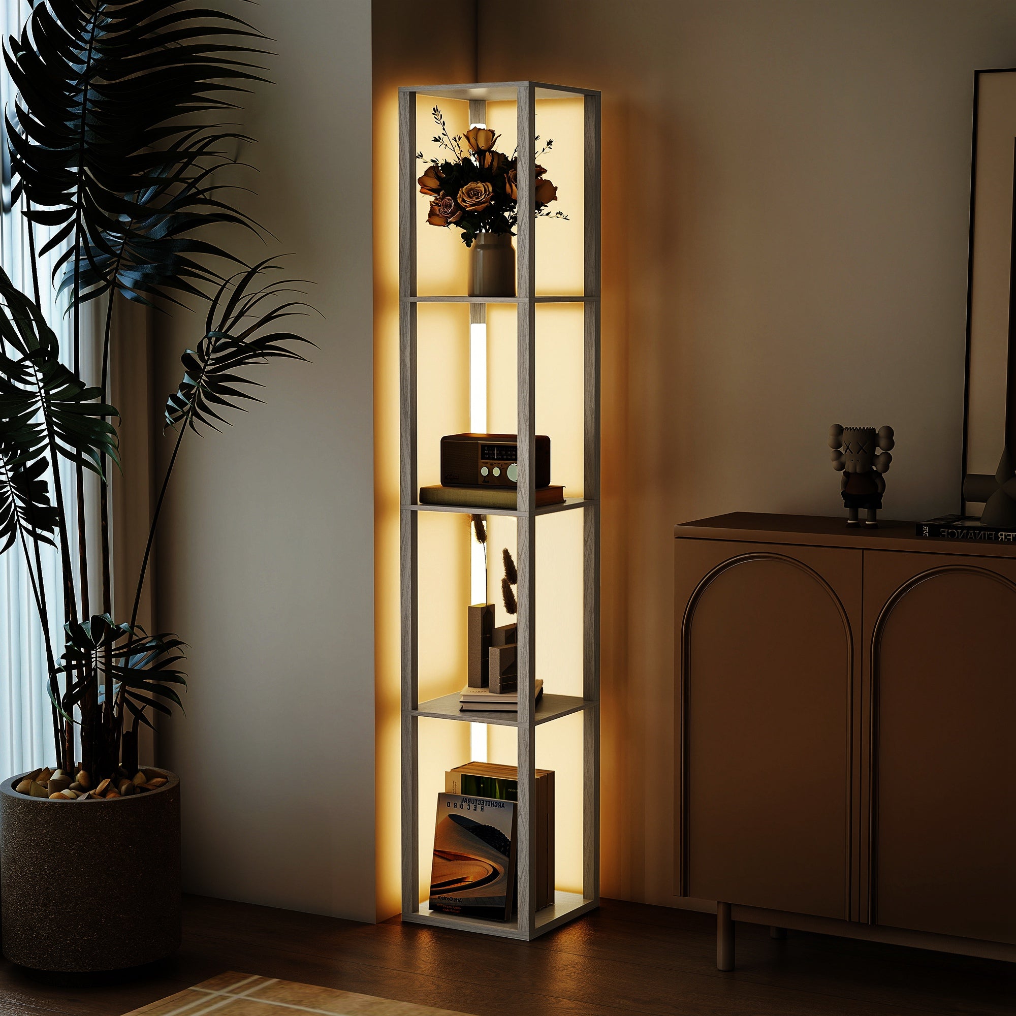 HOMCOM Floor Lamp with Shelves and 3 Brightness Levels - Oak 
