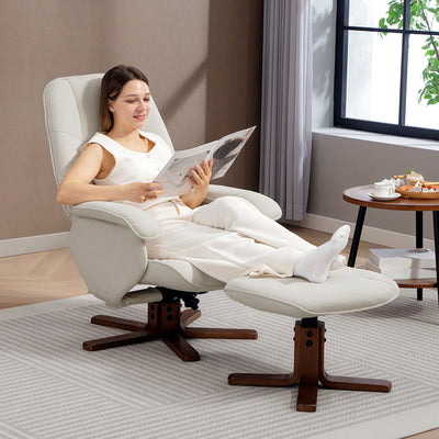 HOMCOM Linen Swivel Recliner Chair with Footstool, Upholstered Reclining Armchair with Wooden Base for Living Room, Beige 