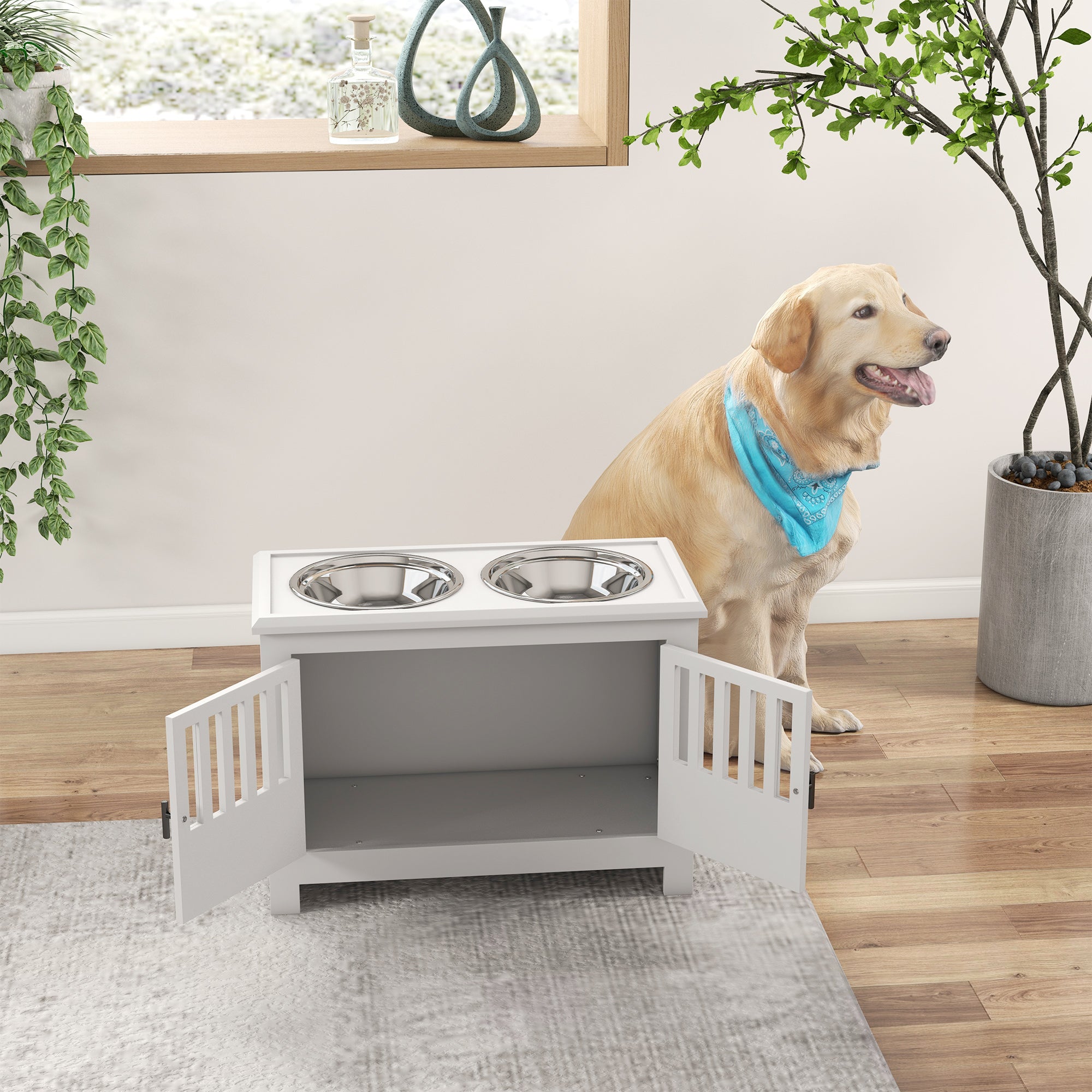 PawHut Raised Dog Bowls, Pet Feeding Station, with Storage, Food and Water Bowls, for Large Dogs - White 