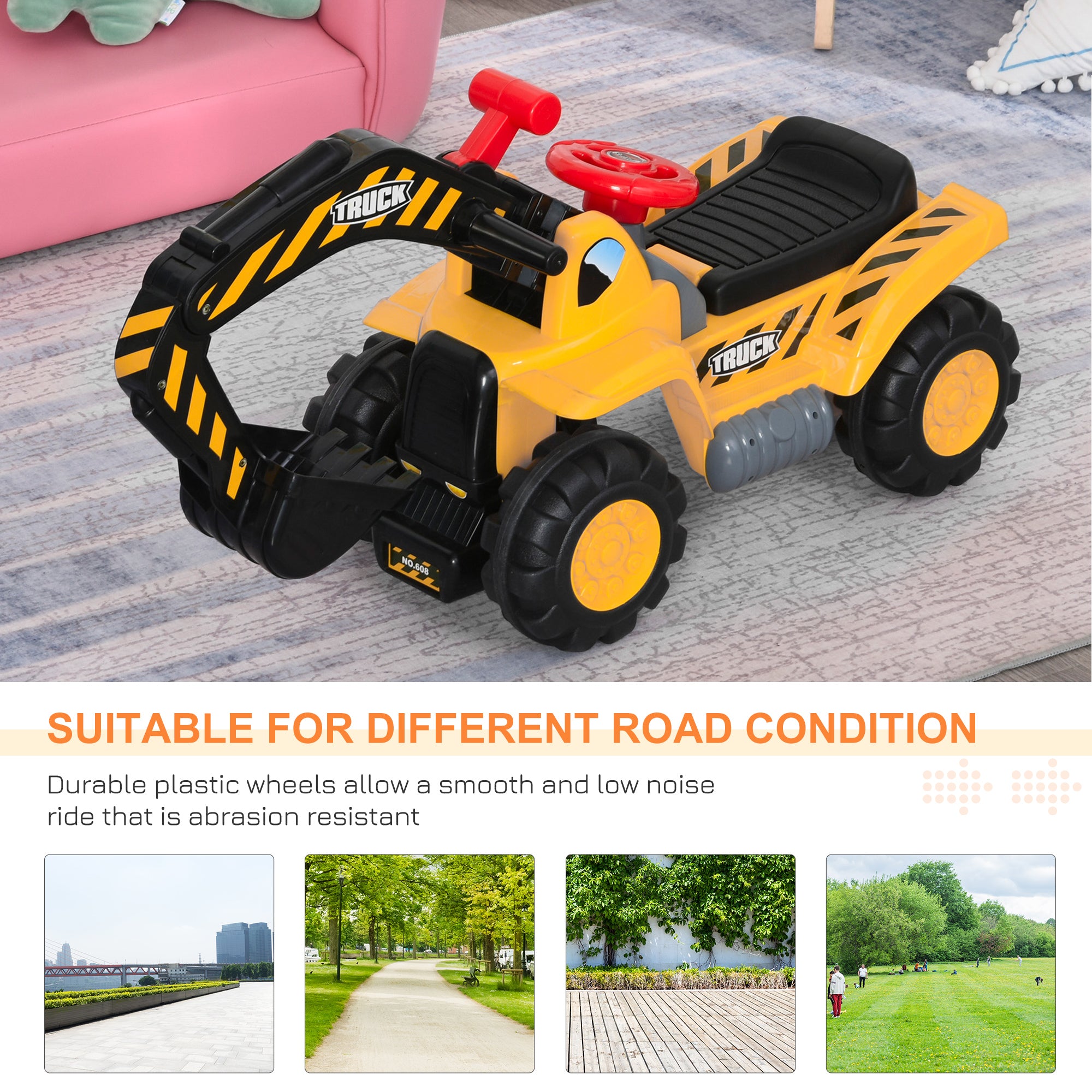 HOMCOM Kids Ride On Excavator Digger w/ Storage Basketball Net Steering NO POWER Wheel Vehicle Truck Toy 