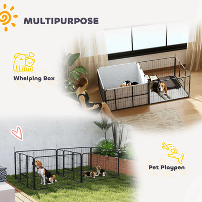 PawHut 7 Panel Dog Whelping Box, Heavy Duty Dog Playpen with Washable Pee Pads, Windproof Fabric, for Small and Medium Dogs 