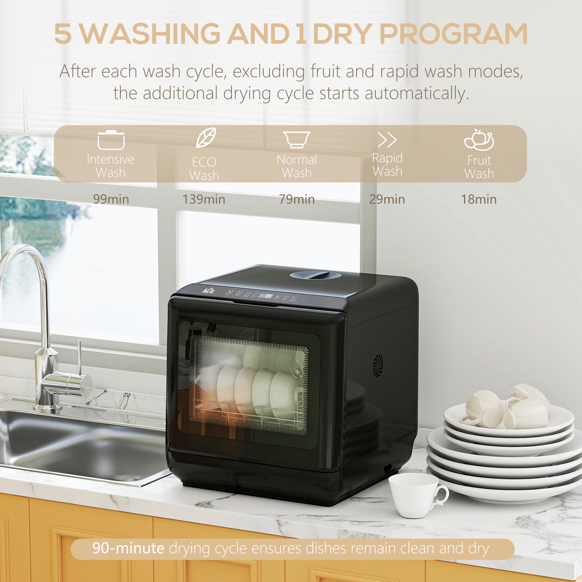 HOMCOM Table Top Dishwasher, Mini Countertop Dishwasher with Built-in 6L Water Tank, 6 Programs, Touch Control, LED Display, 4 Place Settings, Dual Water Supply and Air Drying Function, White