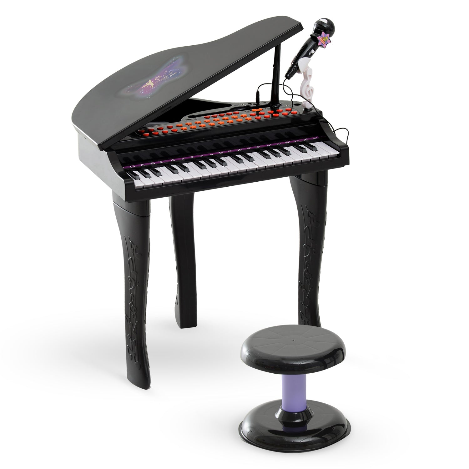 HOMCOM 37 Keys Kids Mini Electronic Keyboard Children Grand Piano with Stool Microphone Light Musical Instrument Educational Game Toy Set (Black) 