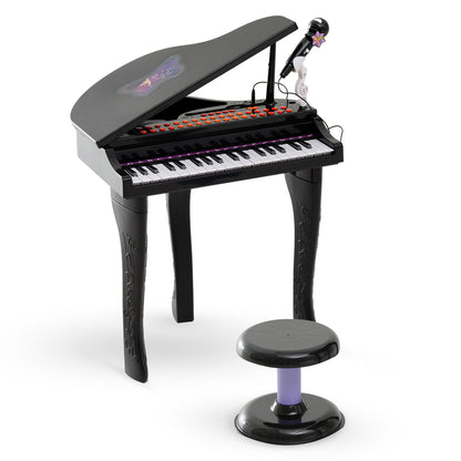 HOMCOM 37 Keys Kids Mini Electronic Keyboard Children Grand Piano with Stool Microphone Light Musical Instrument Educational Game Toy Set (Black) 
