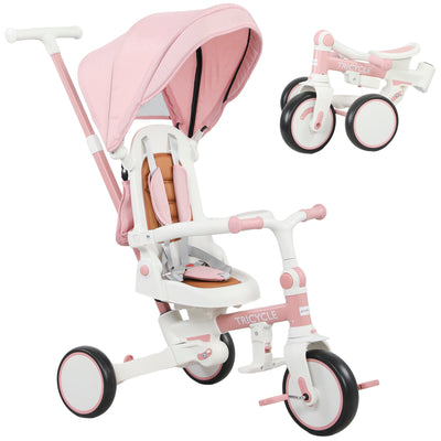 AIYAPLAY 5 in 1 Kids Trike with Adjustable Backrest, Toddler Tricycle with Push Handlebar, Adjustable Backrest, Pink 