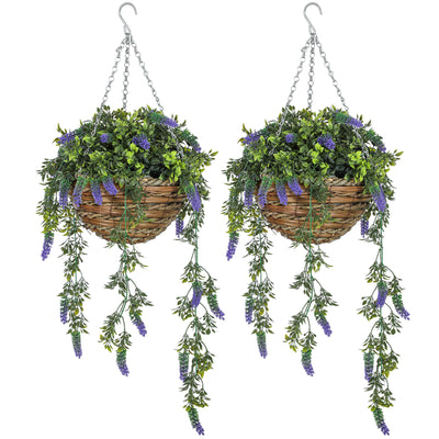 HOMCOM Set of 2 Decorative Artificial Plants, Faux Silk Lavender Flowers in Hanging Baskets, Fake Plants for Home Indoor Outdoor Decor, Purple 