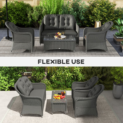 Outsunny Four-Piece Rattan Sofa Set, with Glass-Top Table - Light Grey 