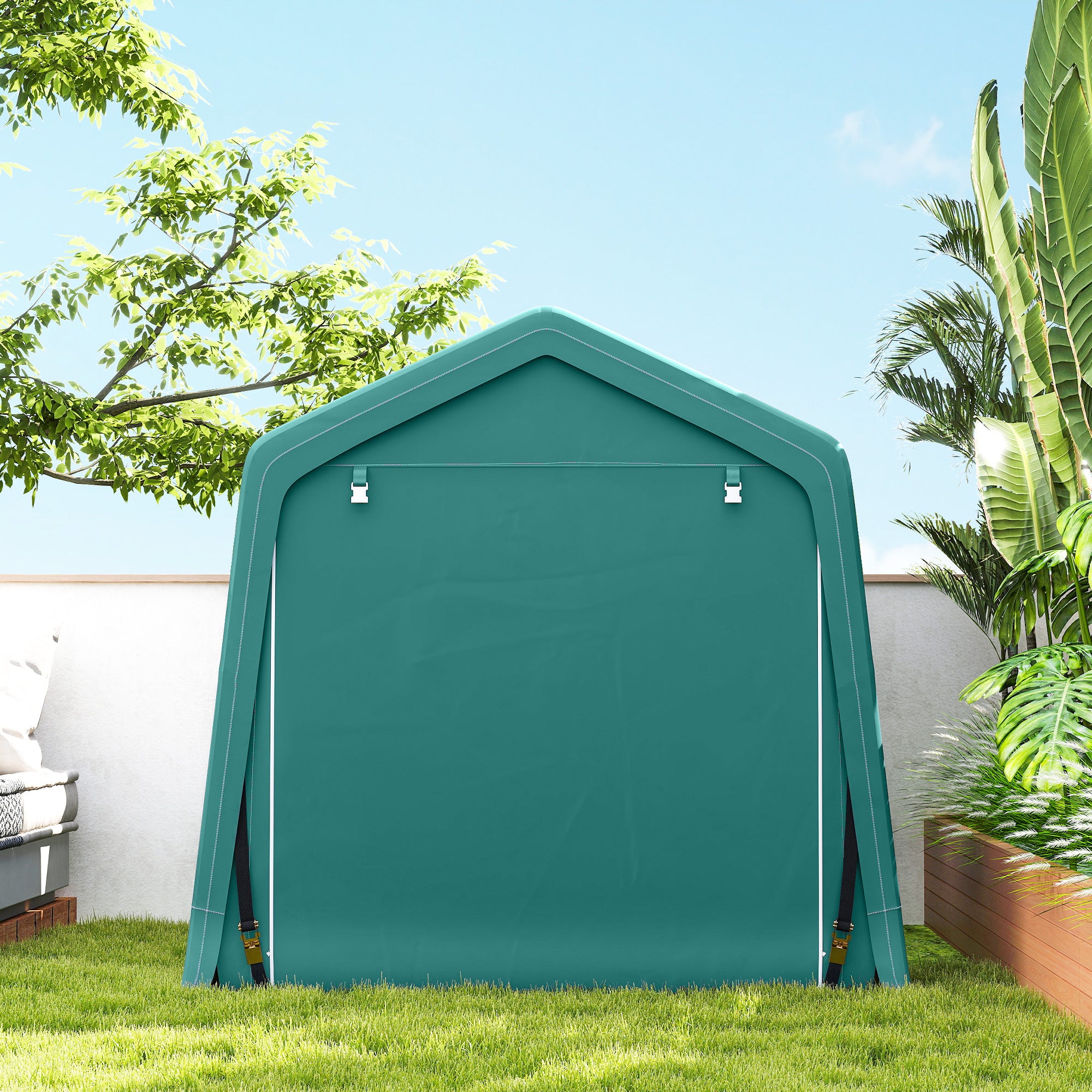 Outsunny 8 x 6.5 ft Outdoor Garden Storage Shed, Waterproof Bike Tent with Double Roll-up Zipper Door for Garden Tools, Green 