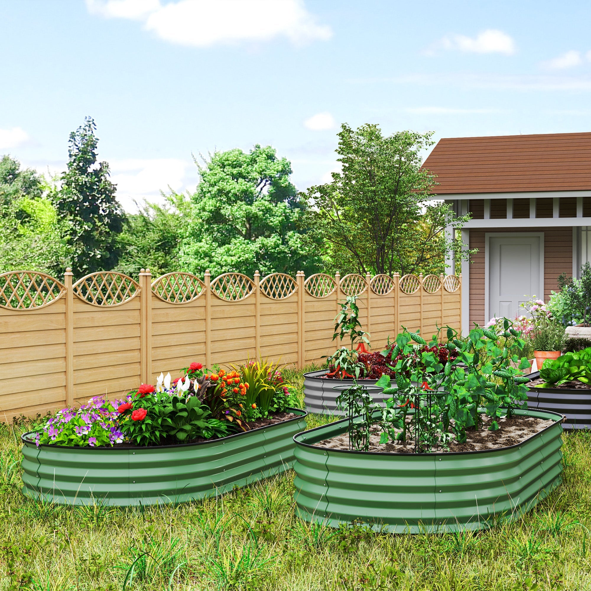 Outsunny Set of Two 181 x 93cm Steel Planters - Green 