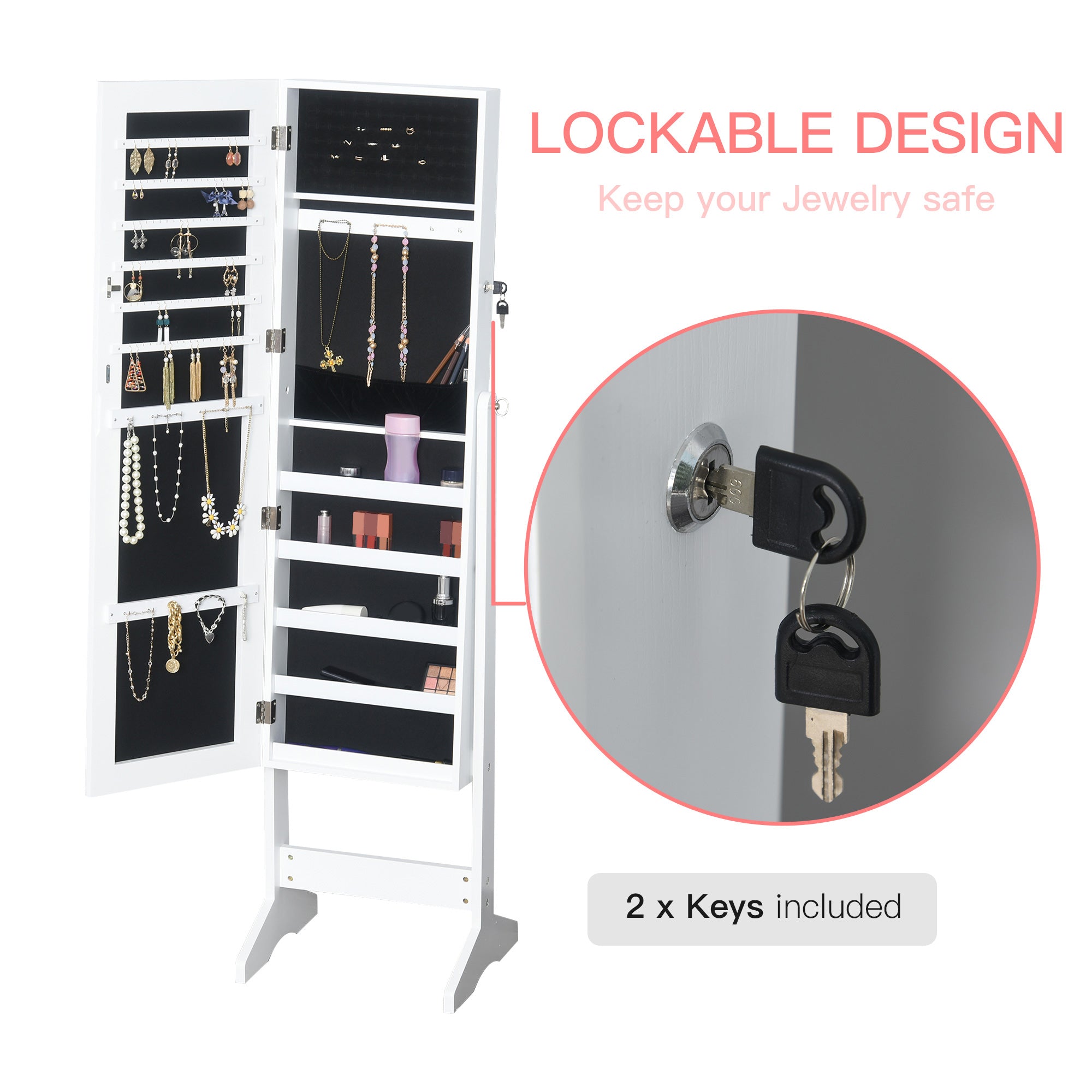 HOMCOM Jewelry Cabinet Standing Mirror Full Length Makeup Lockable Armoire Storage Organizer White 