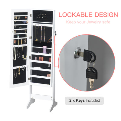 HOMCOM Jewelry Cabinet Standing Mirror Full Length Makeup Lockable Armoire Storage Organizer White 
