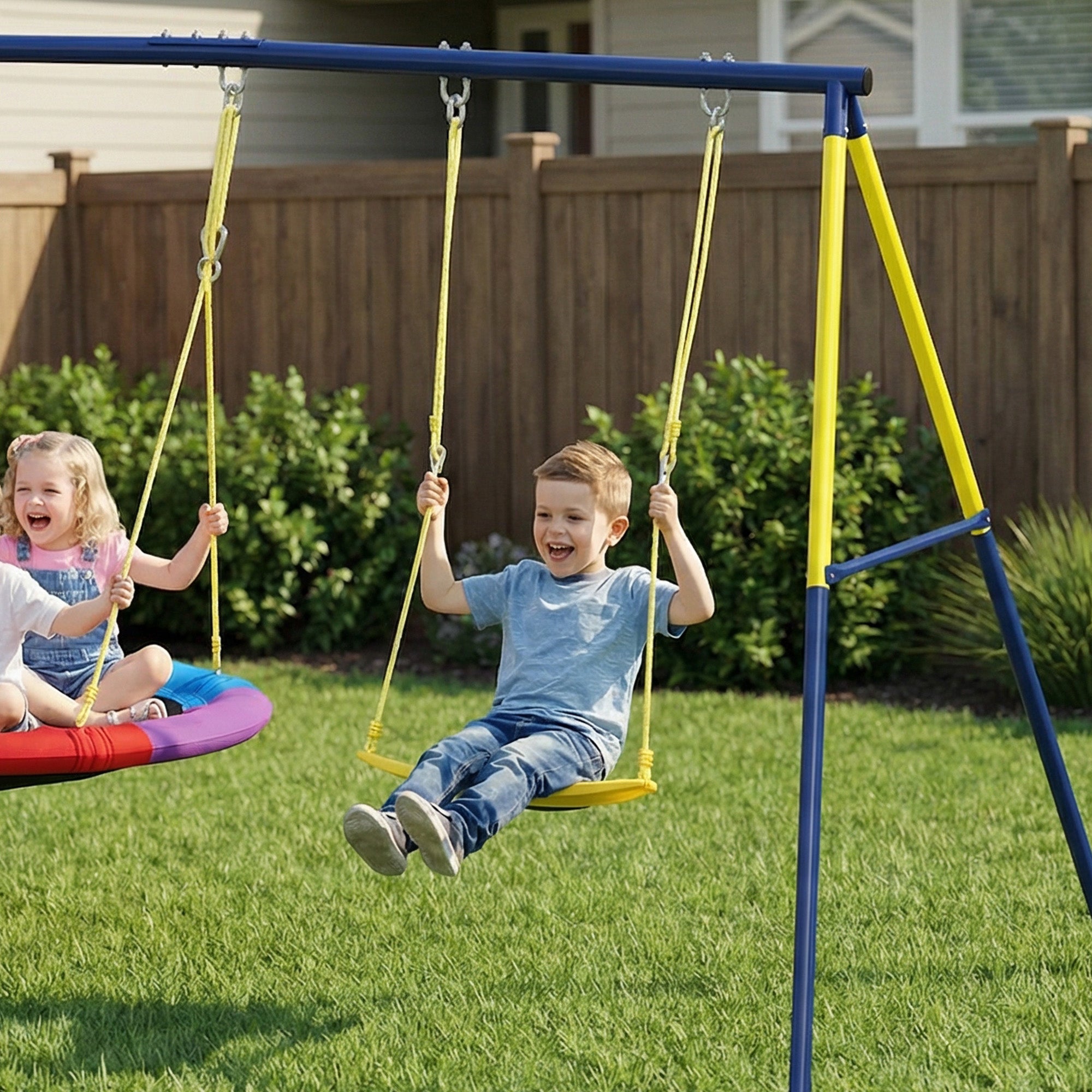 AIYAPLAY Kids Swing Set with Double Swings, Outdoor Playset with Adjustable Ropes, Metal Frame for Ages 3-8, 150kg Capacity 
