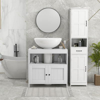 kleankin Pedestal Under Sink Cabinet with Double Doors, Modern Bathroom Vanity Storage Unit with Shelves, White 