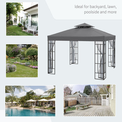 Outsunny 3 x 3(m) Patio Gazebo Canopy Garden Pavilion Tent Shelter with 2 Tier Roof and Mosquito Netting, Steel Frame, Grey 