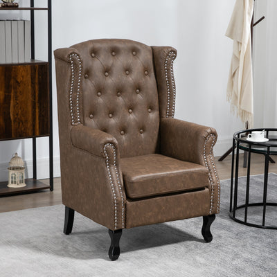 HOMCOM Wingback Accent Chair Tufted Chesterfield-style Armchair with Nail Head Trim for Living Room Bedroom Brown 