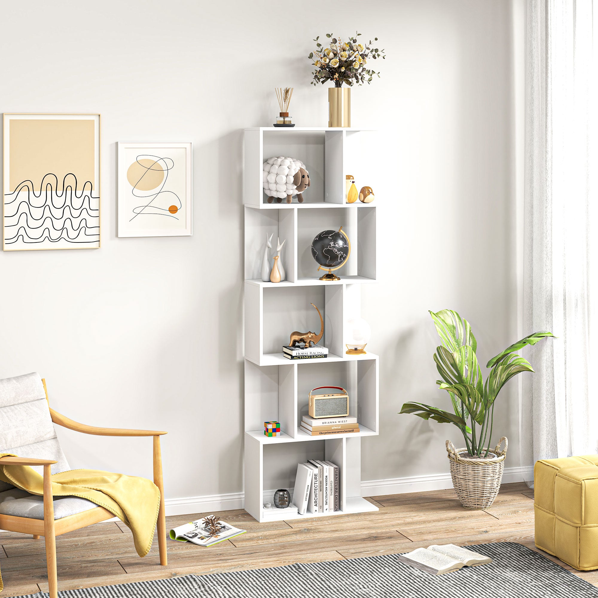 HOMCOM Bookcase, S-Shaped Wooden Bookshelf, 5 Tiers Freestanding Storage Shelf, Home Office Display Stand Rack, White 