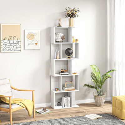 HOMCOM Bookcase, S-Shaped Wooden Bookshelf, 5 Tiers Freestanding Storage Shelf, Home Office Display Stand Rack, White 