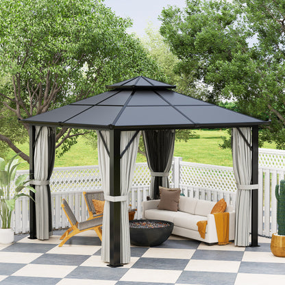 Outsunny 3 x 3(m) Hardtop Gazebo Canopy with UPF30+ Double Polycarbonate Roof, Aluminium Frame Garden Gazebo Permanent Pavilion with Mosquito Netting and Curtains for Patio, Deck, Grey