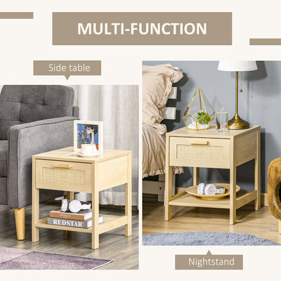 HOMCOM Bedside Table, Nightstand with Rattan Drawer and Storage Open Shelf, Farmhouse Side Table for Bedroom, Living Room, Set of 2 