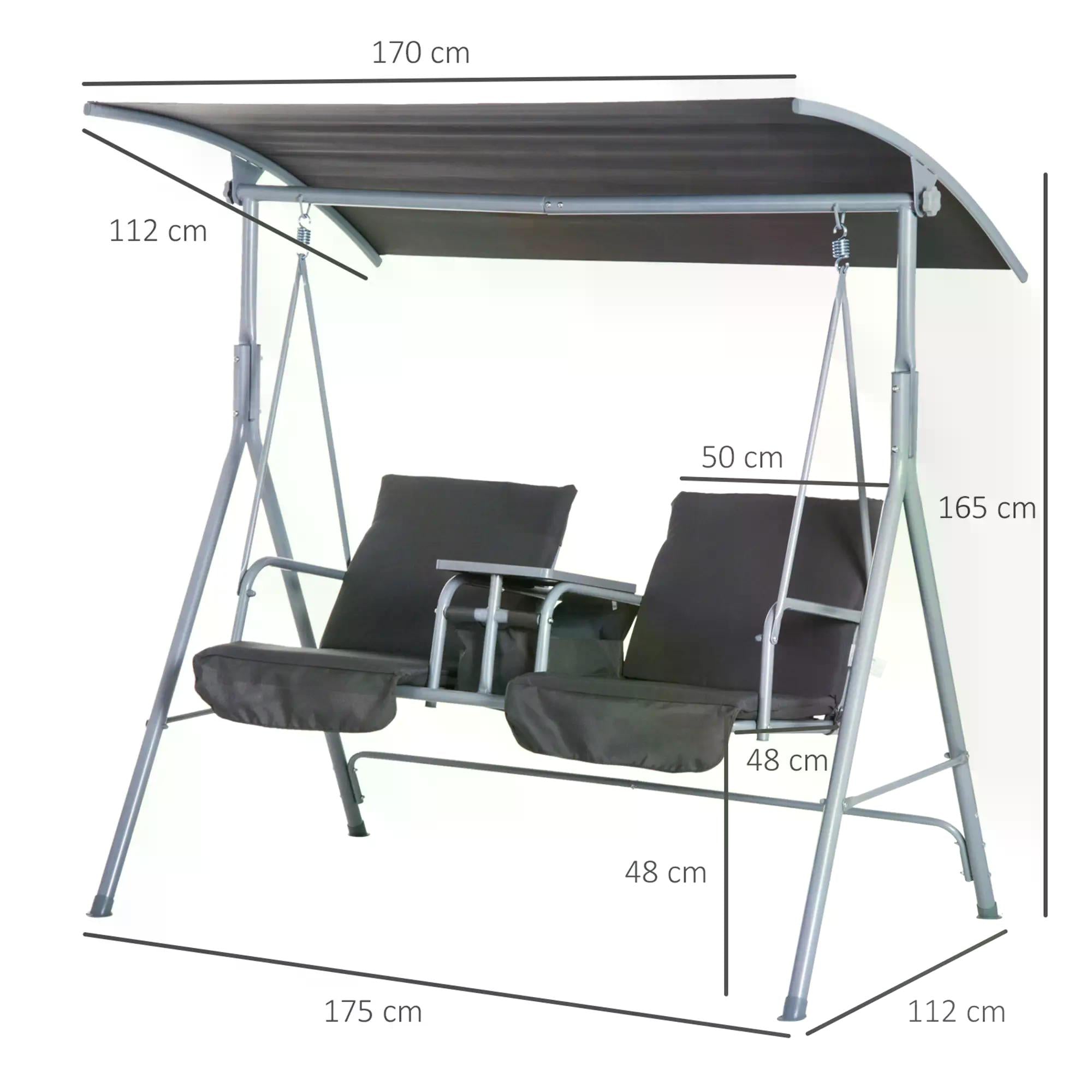 Outsunny Steel Frame 2-Seater  Swing Chair w/ Table Grey 