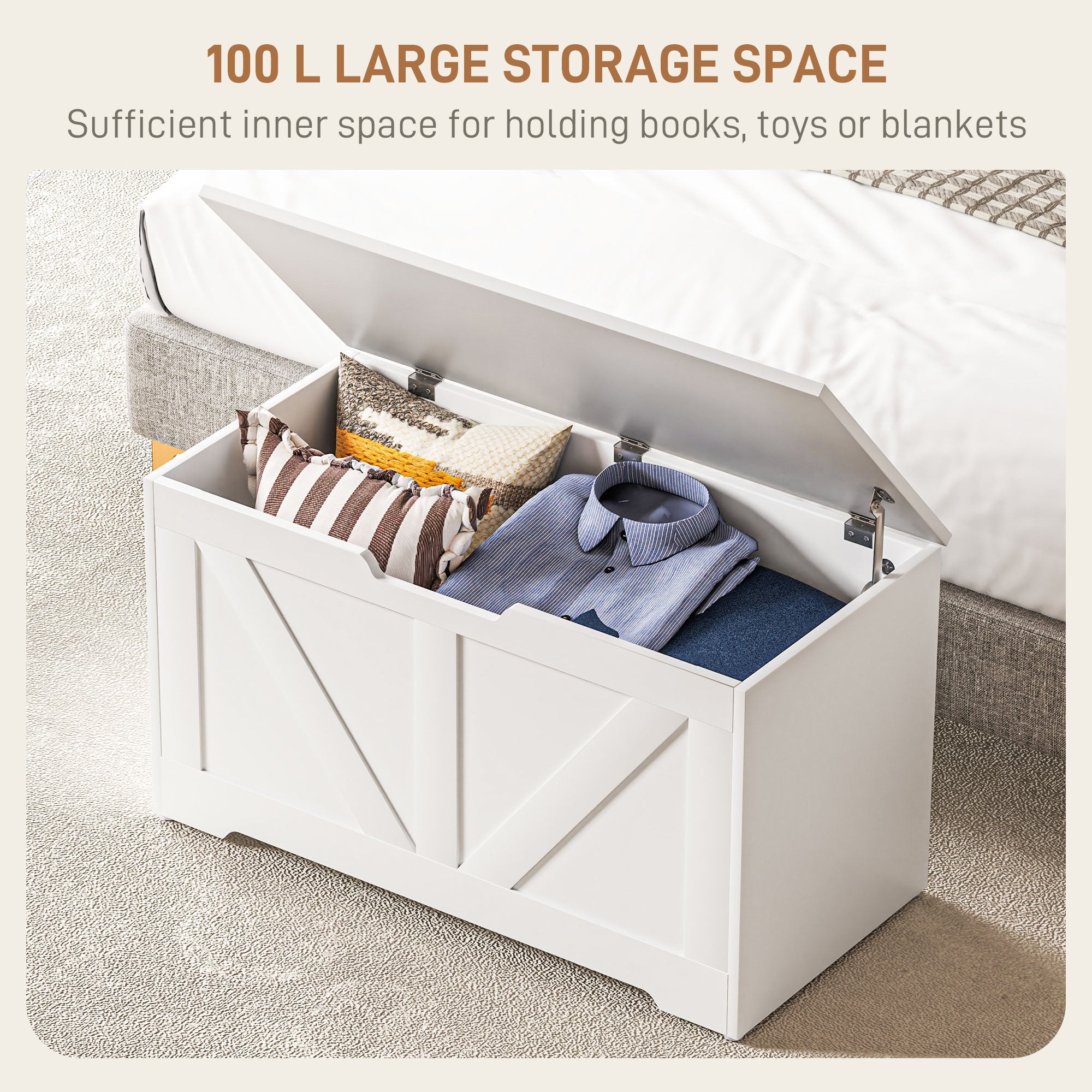 HOMCOM 100L Home Storage Box, with Safety Hinges - White Wood-Effect 
