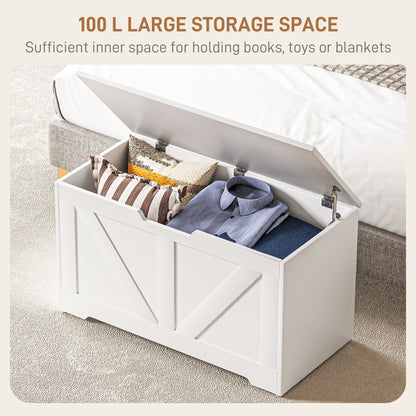 HOMCOM 100L Home Storage Box, with Safety Hinges - White Wood-Effect 