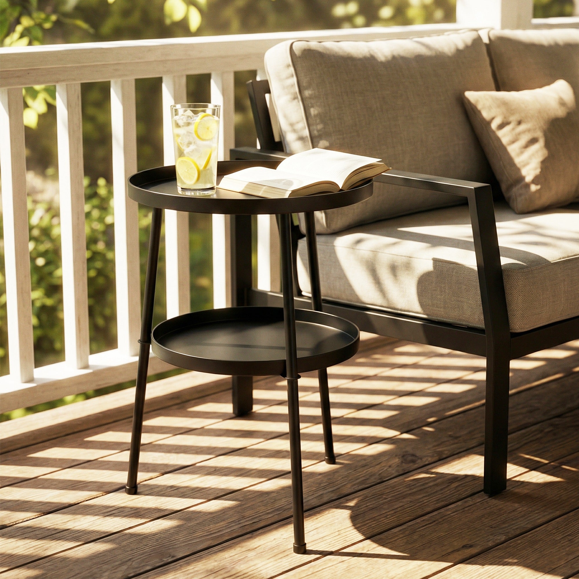 Outsunny Patio Side Table, 2-Tier Round Coffee End Table for Garden Balcony Living Room Bedroom, Black 