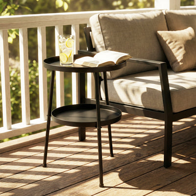 Outsunny Patio Side Table, 2-Tier Round Coffee End Table for Garden Balcony Living Room Bedroom, Black 
