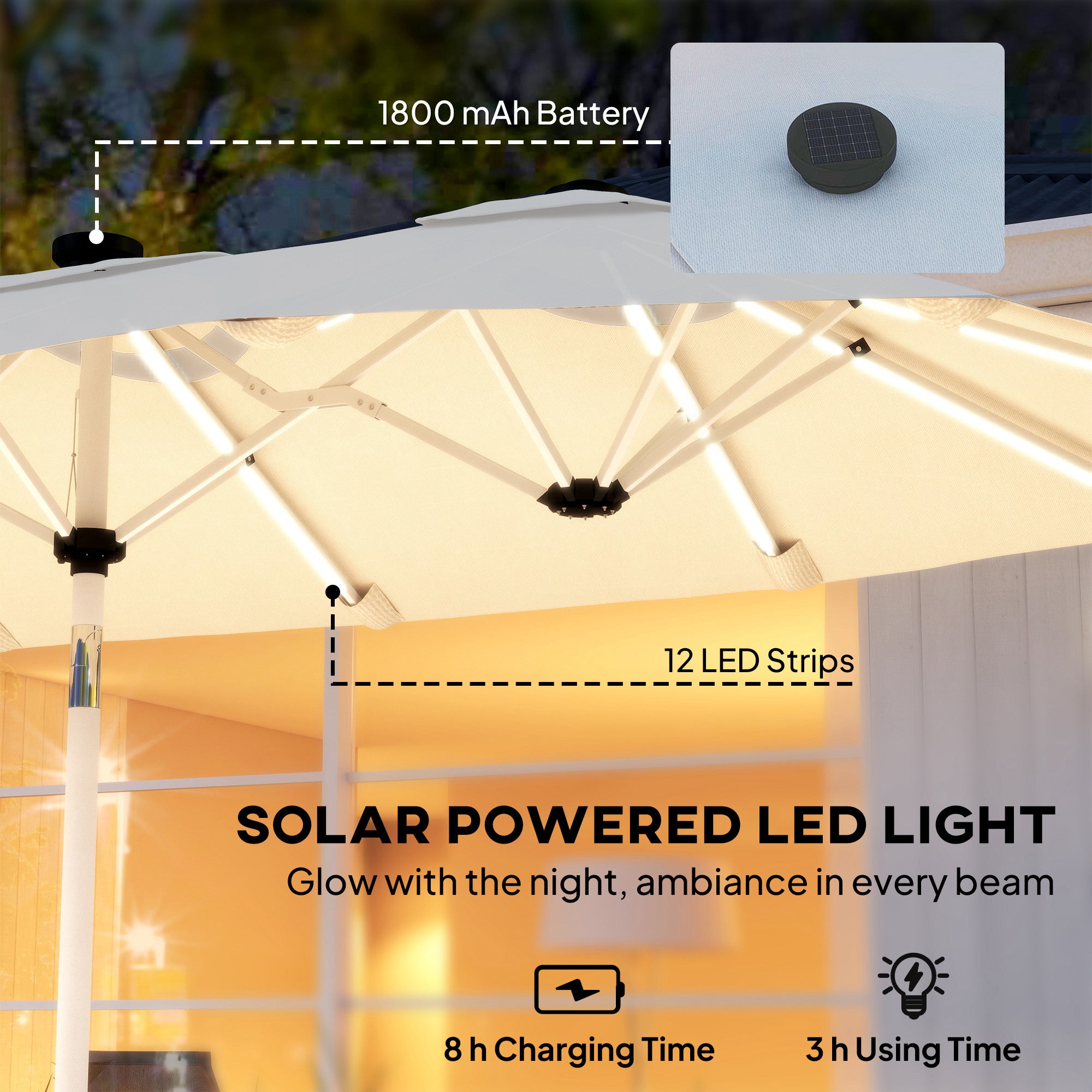 Outsunny 3 m Double-Sided Garden Parasol with LED Solar Lights, Outdoor Extra Large Sun Umbrella with Crank Handle, Cream White 