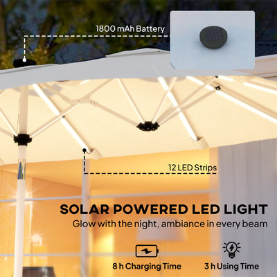 Outsunny 3 m Double-Sided Garden Parasol with LED Solar Lights, Outdoor Extra Large Sun Umbrella with Crank Handle, Cream White 