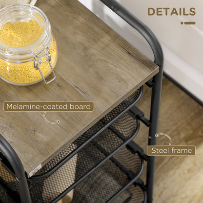 HOMCOM Storage Trolley on Wheels, Rolling Utility Serving Cart with 4 Mesh Trays for Living Room, Kitchen, Black 