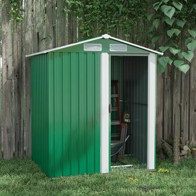Outsunny Garden Metal Tool Storage Shed with Sliding Door, Sloped Roof and Floor Foundation, 152 x 132 x 188cm, Green 