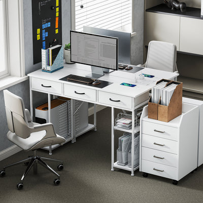 HOMCOM 120cm Computer Desk with Power Outlets, Office Desk Study Table with 3 Fabric Drawers and 4 Storage Shelves, White 
