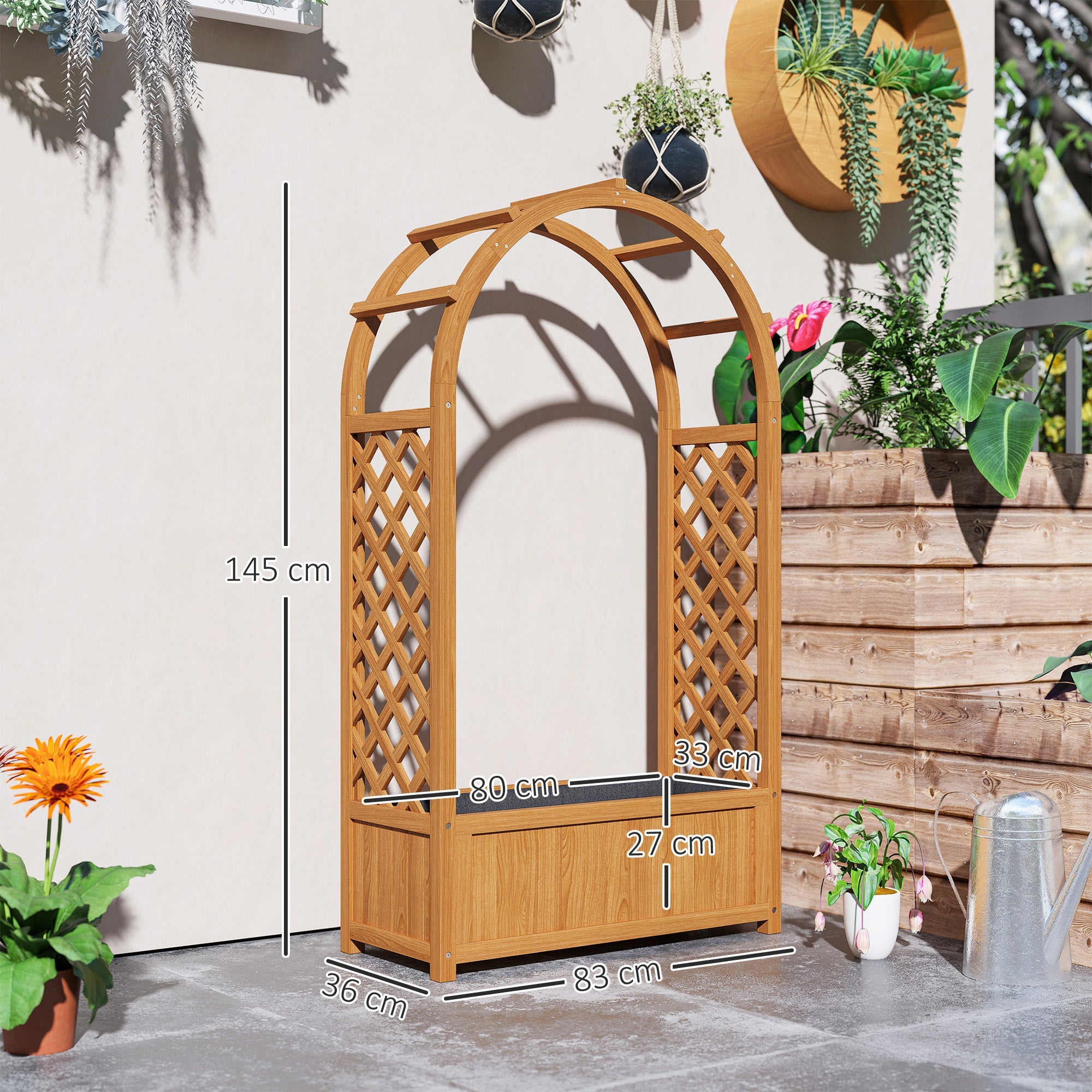 Outsunny Wooden Raised Garden Bed with Trellis, Liner, Drainage Holes, for Vine Climbing Plants, Flowers, 83 x 36 x 145 cm 