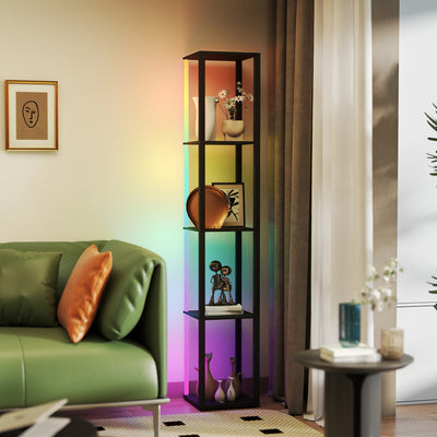 HOMCOM RGB LED Floor Lamp with Shelves, Modern Dimmable Standing Lamp with Remote Control, Adjustable Brightness & Speed for Living Room, Bedroom, Office, Black 