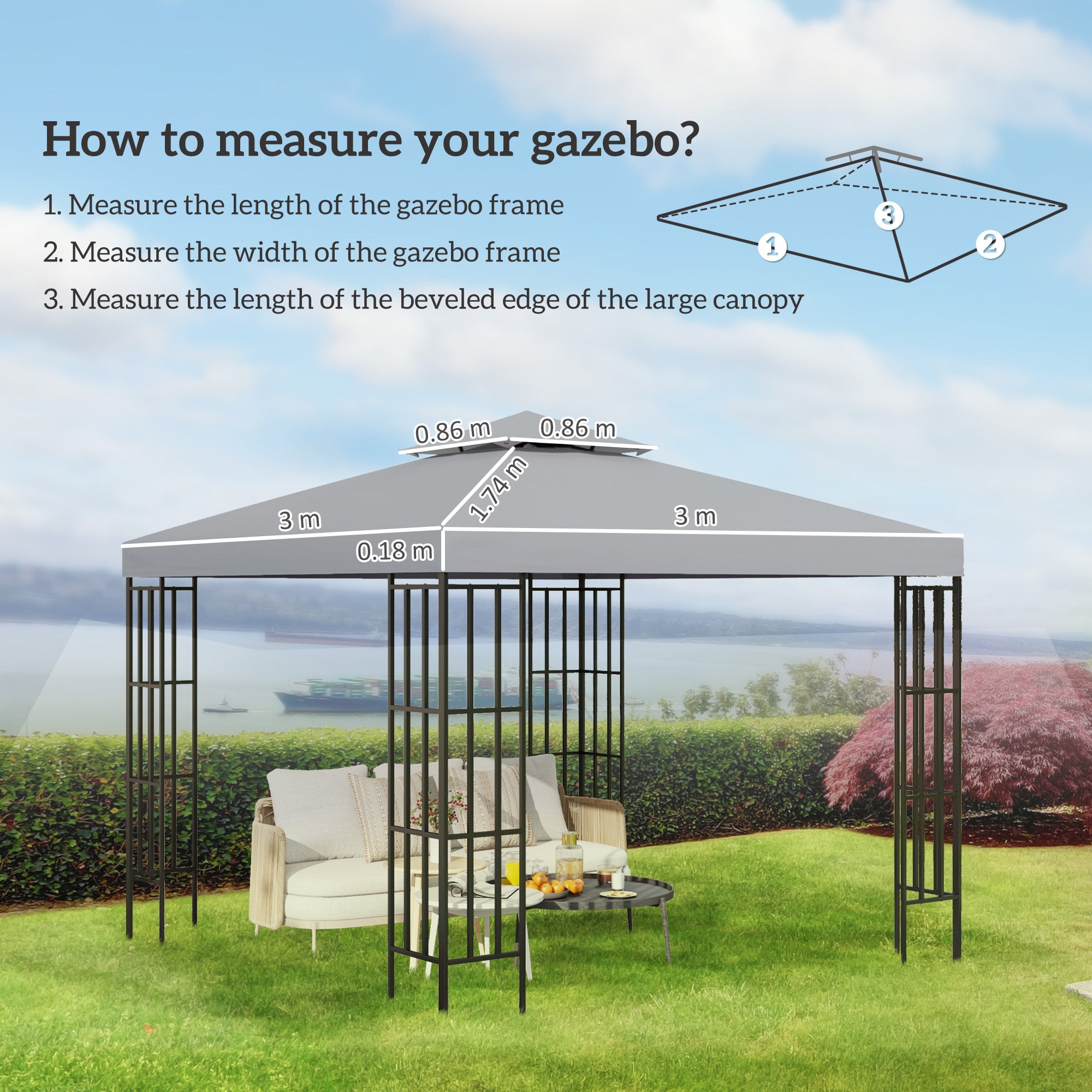 Outsunny 3(m) Gazebo Top Cover Double Tier Canopy Replacement Pavilion Roof Light Grey 