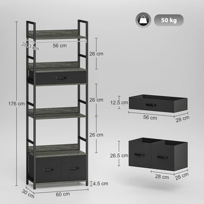 HOMCOM Industrial Style Bookcase, with 4 Shelves and 3 Fabric Drawers - Grey/Black 