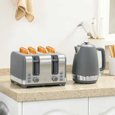 HOMCOM Stainless Steel Kettle and Toaster Set, 1.7L 3000W Rapid Boil Jug Kettle with UK Strix Thermostat, Limescale Filter, 4 Slice Toaster with 7 Browning Controls, Crumb Tray, Grey and Silver Tone 