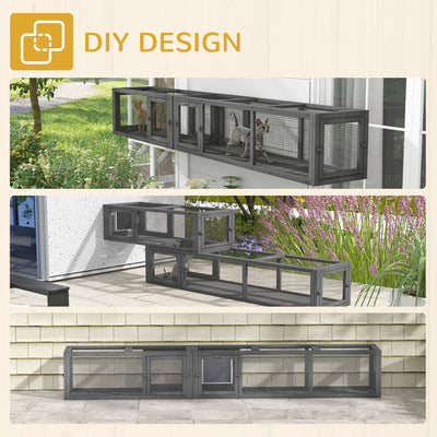 PawHut Cat Tunnel, 250cm Extra Long Wooden Cat Play Tunnel with 8 Doors, L-shape/Rectangle, Outdoor Cat Enclosure, Dark Grey 
