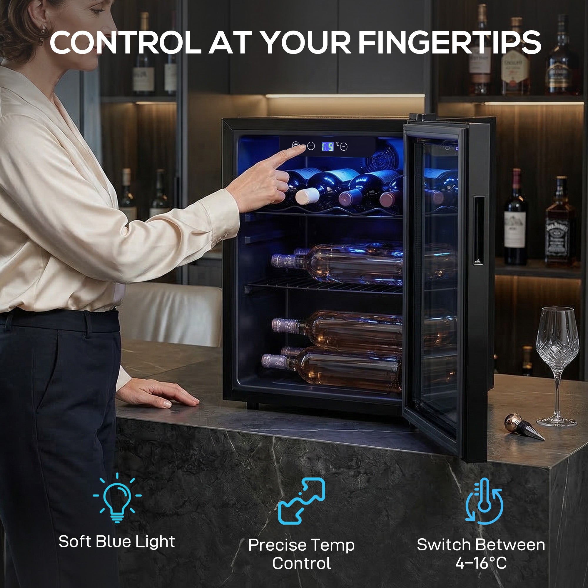 HOMCOM 16 Bottle Wine Cooler, 48 Litre Capacity, 4-16°C Under Counter Drinks Beer Wine Fridge with Glass Door, LED Light, Black 