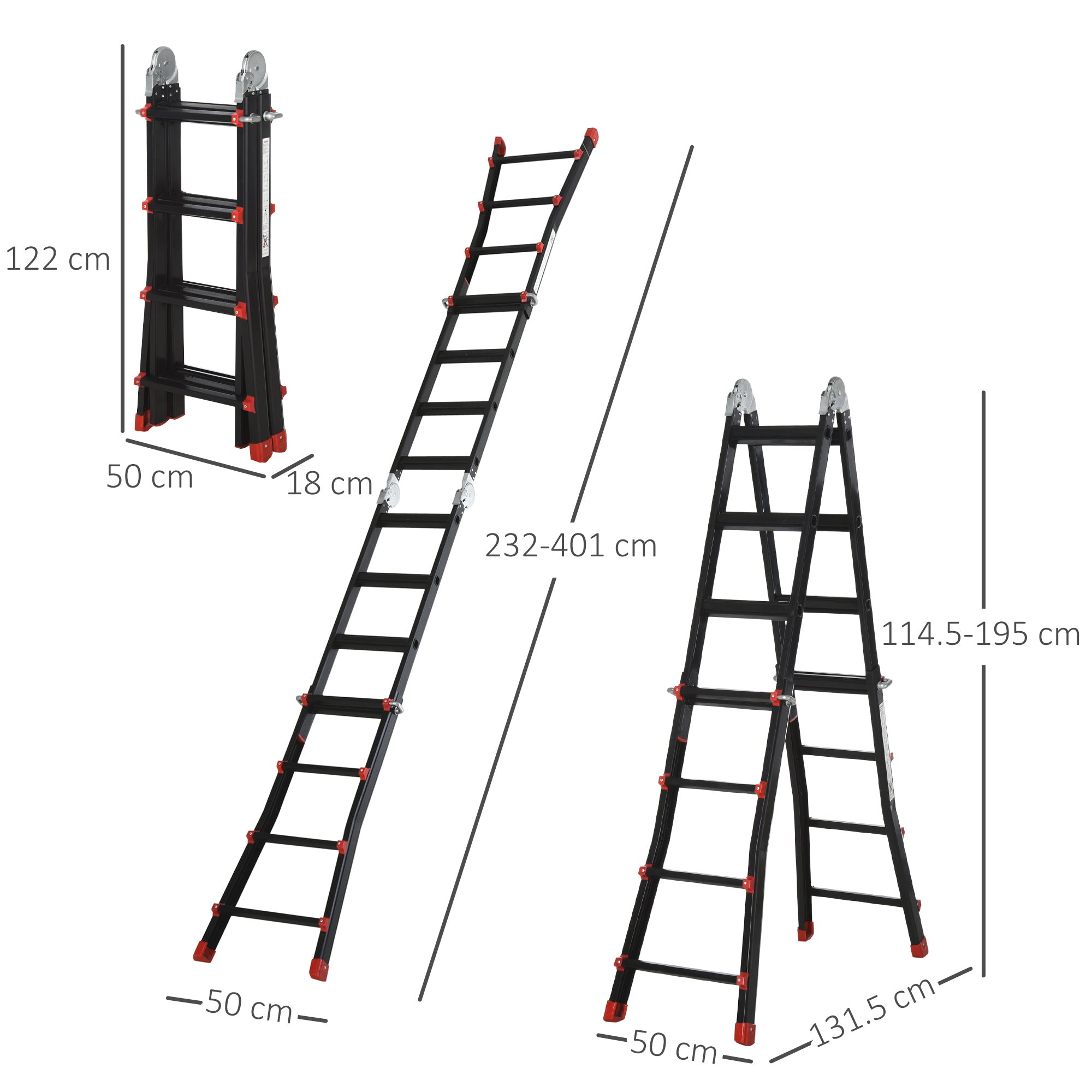 HOMCOM 4M Aluminium Duo Ladder Telescopic Herringbone Changeable Multi-Purpose w/ Non-Slip Steps Climbing DIY Platform Portable Workshop House Garden 