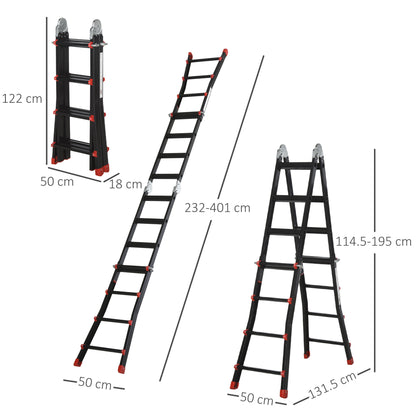 HOMCOM 4M Aluminium Duo Ladder Telescopic Herringbone Changeable Multi-Purpose w/ Non-Slip Steps Climbing DIY Platform Portable Workshop House Garden 