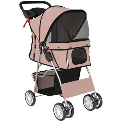 PawHut Dog Pram, Pet Stroller with Reflective Strips, Foldable Cat Stroller with 360° Swivel Wheels, Brown 