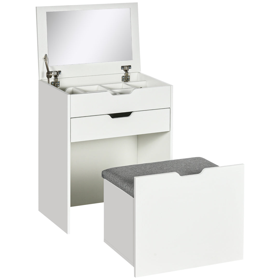 HOMCOM Dressing Table with Flip-up Mirror and Storage Stool, Vanity Table with Drawer and Hidden Compartments for Bedroom, Living Room, White 