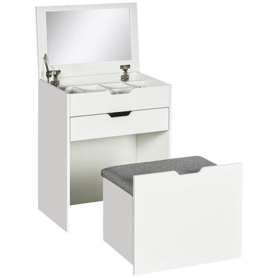 HOMCOM Dressing Table with Flip-up Mirror and Storage Stool, Vanity Table with Drawer and Hidden Compartments for Bedroom, Living Room, White 